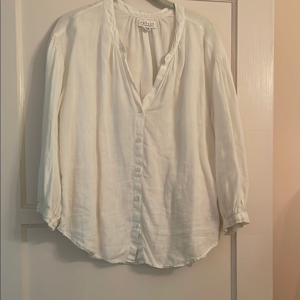 Velvet white 3/4 Sleeve Relaxed linen Blouse